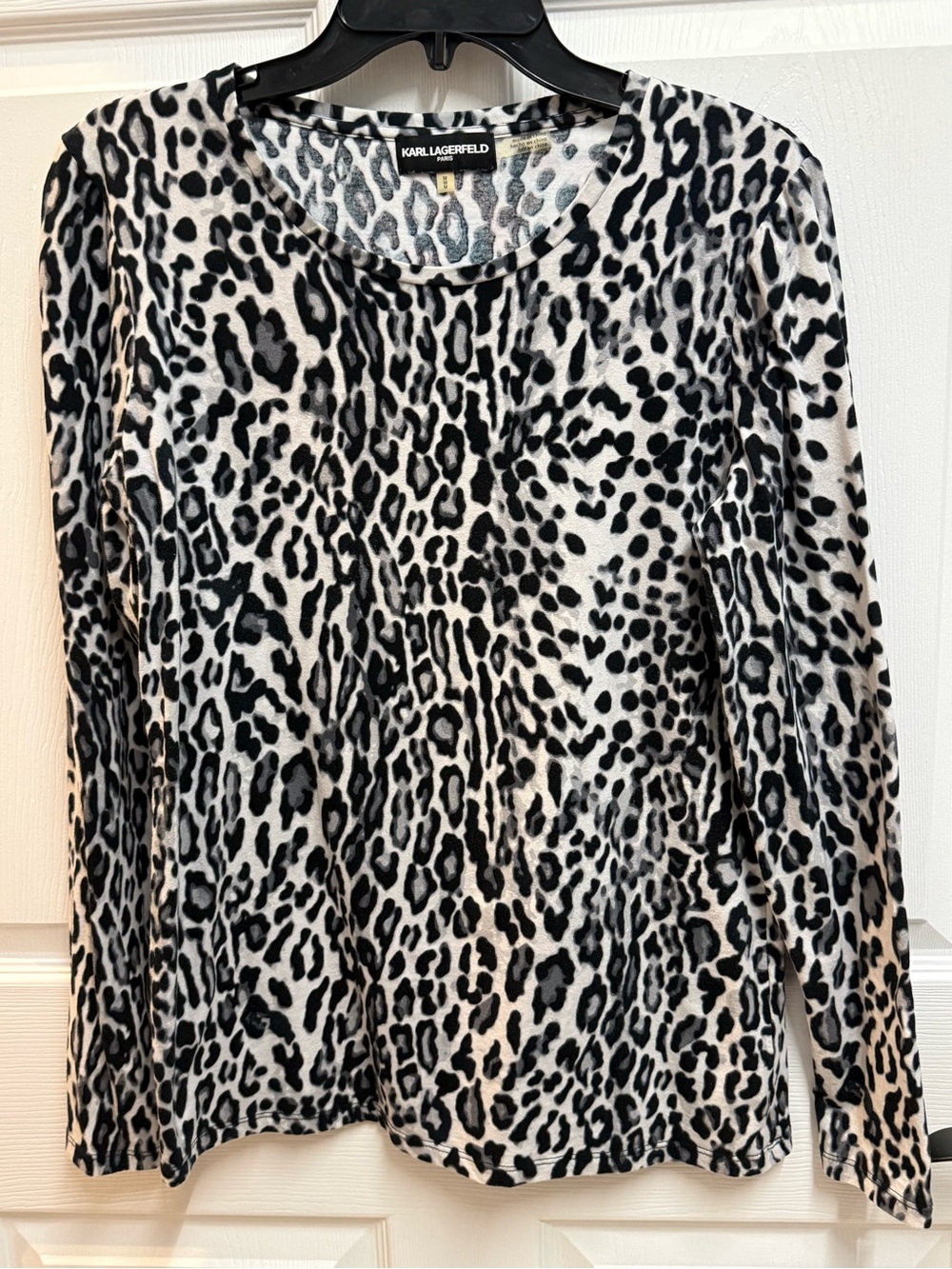 Karl Lagerfeld Black and White Leopard-Print Long Sleeve Top